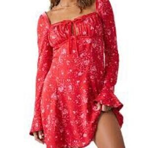 Free People Long Sleeve Mini Dress Red Size Small Boho Peasant